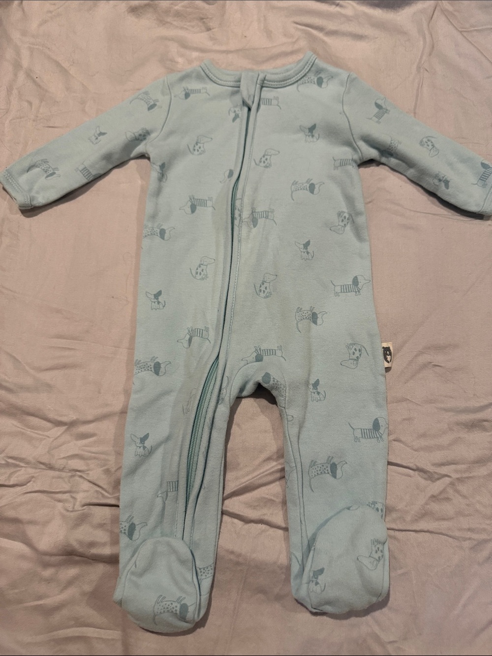 Rabbit + Bear Light Blue Puppy-Print Zip Front Footed One-Piece for Babies